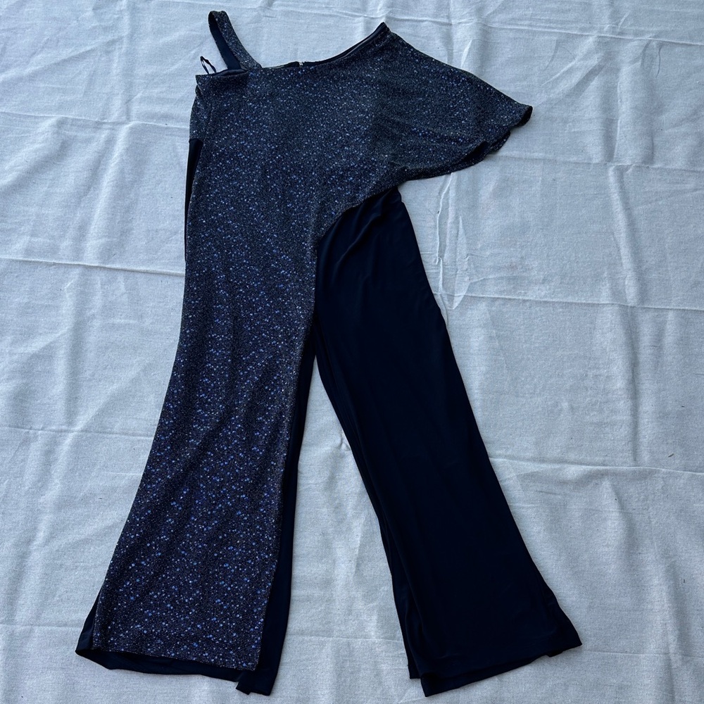 R&M Richards Navy One Shoulder Sequin Overlay Jumpsuit Womenโs Size 14 Formal